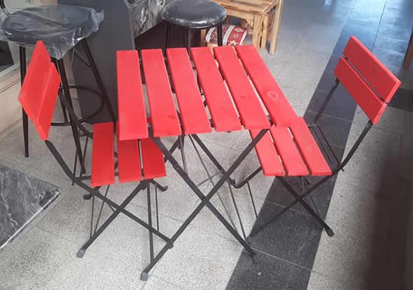 Red Wooden Demir Legged Folding Table Chair Setı