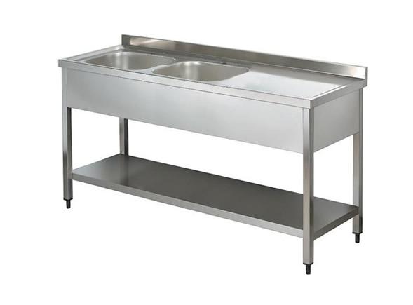 Paslanmaz Çelik Çift Evyeli Çalışma Tezgahı Taban Raflı 190x60x85cm